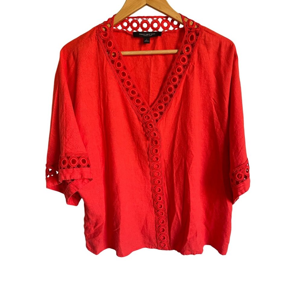 Marc New York Orange Size Large Linen Blend Crochet Lace Short Sleeve V-Neck Blo